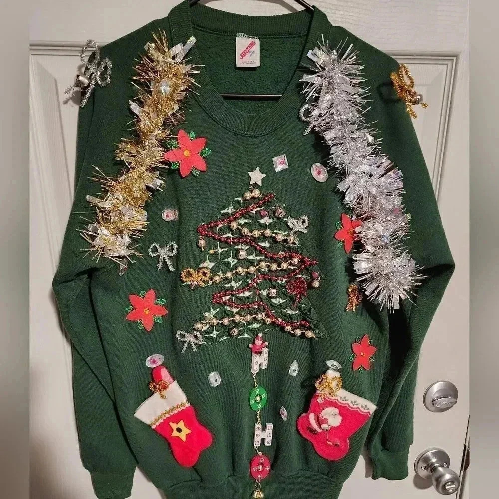 1 of a kind Custom Handmade Ugly Christmas Sweater Tinsel Bells Bows Women's XL